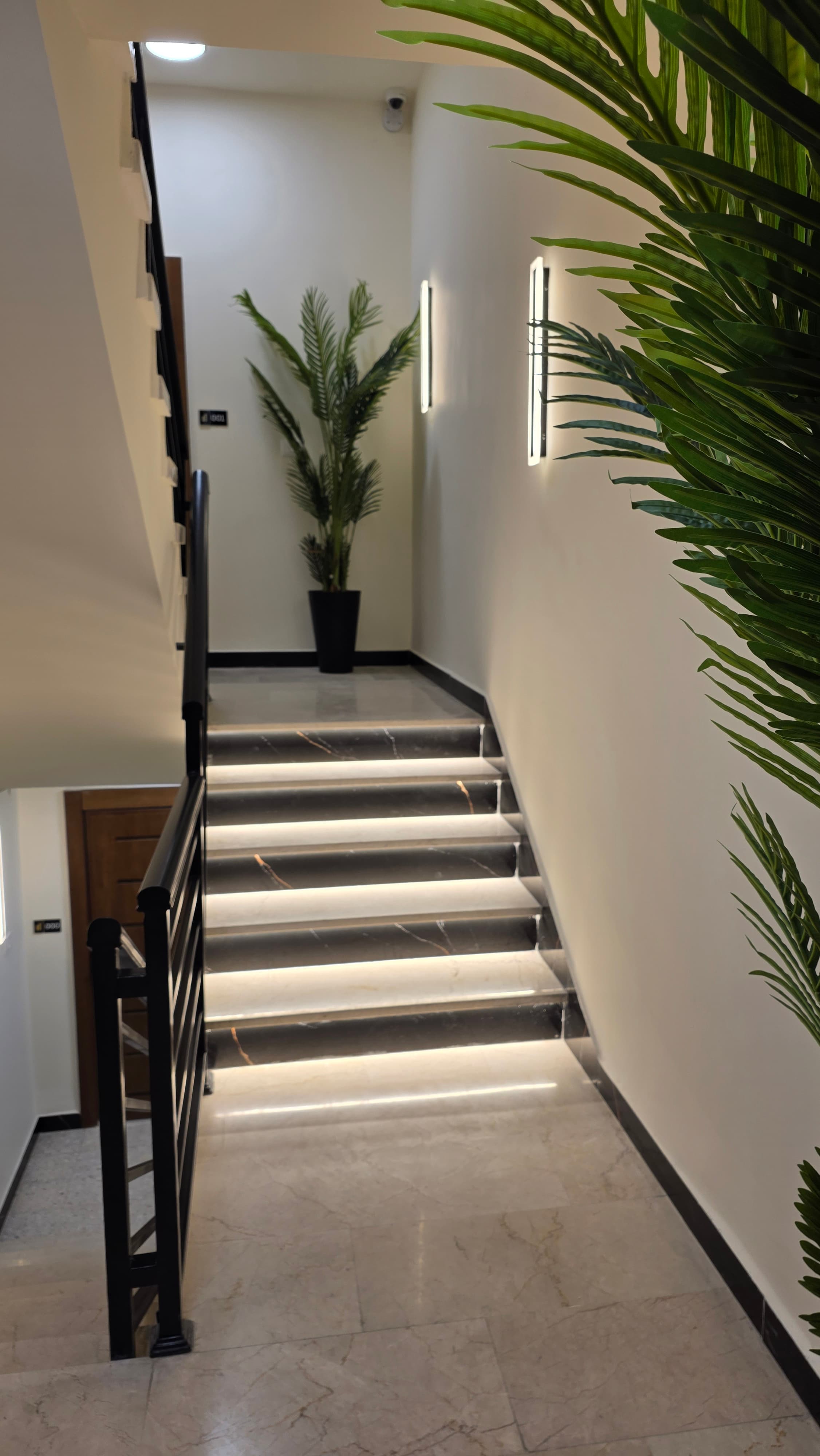 Marble staircase with LED-lit steps, black metal railing, and greenery